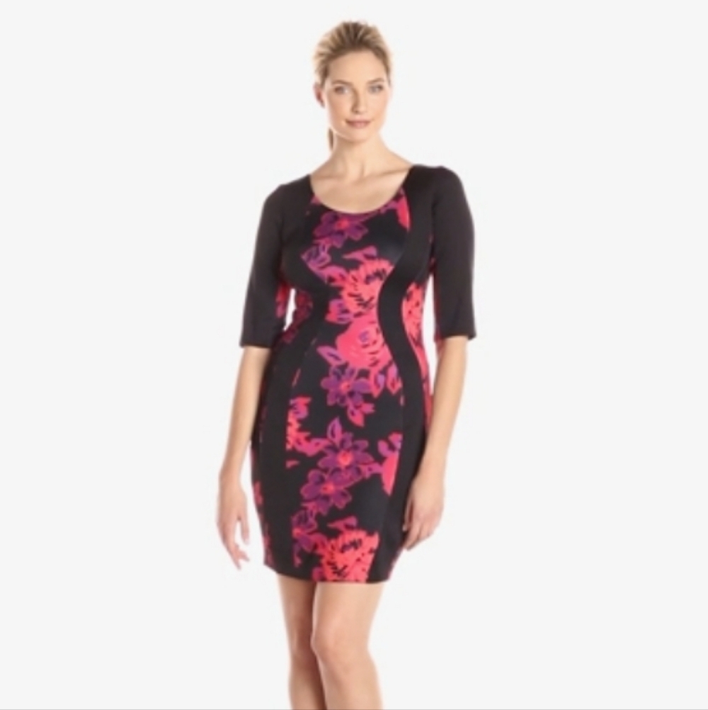 Signature By Sangria Floral Black and Pink Scuba Dress - Size 8